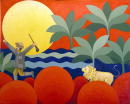 F137 Le lion et le chasseur - Babrias (Coll. Aractingi) - 81x100 cm