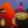 F137 Le lion et le chasseur fanfaron (Coll. Muse) - 100x100 cm